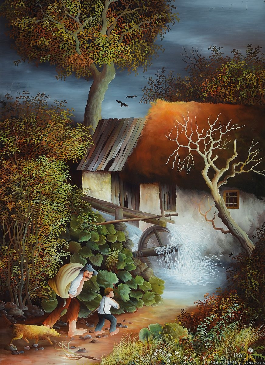 Artwork by Konrad Peternelj, landscape with mill and persons, Made of glass painting