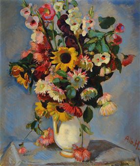 Lush still life with summer flowers in white jug - Albert Haueisen