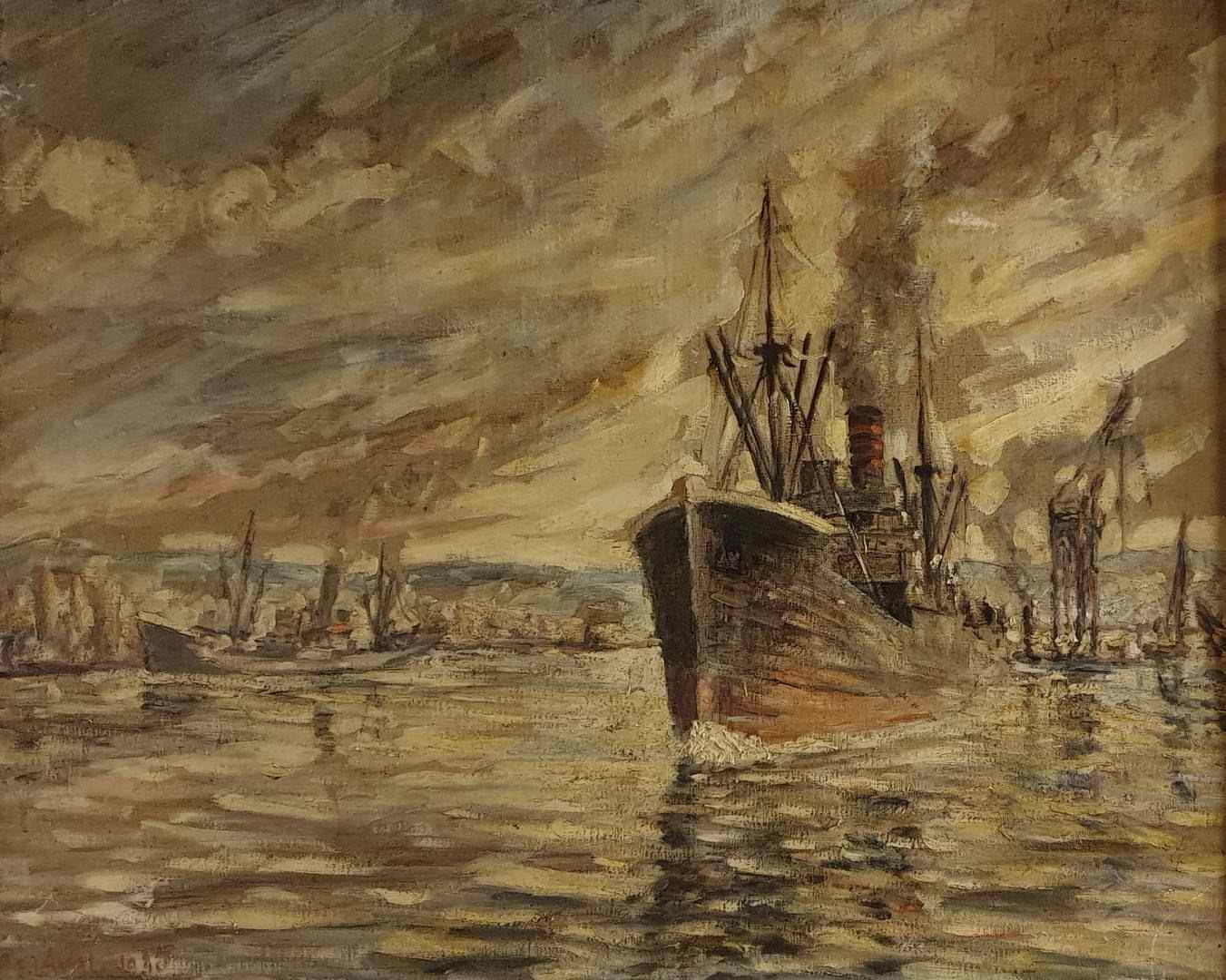 Artwork by Fernand Laval, Cargo sortant du port, Made of Oil on canvas