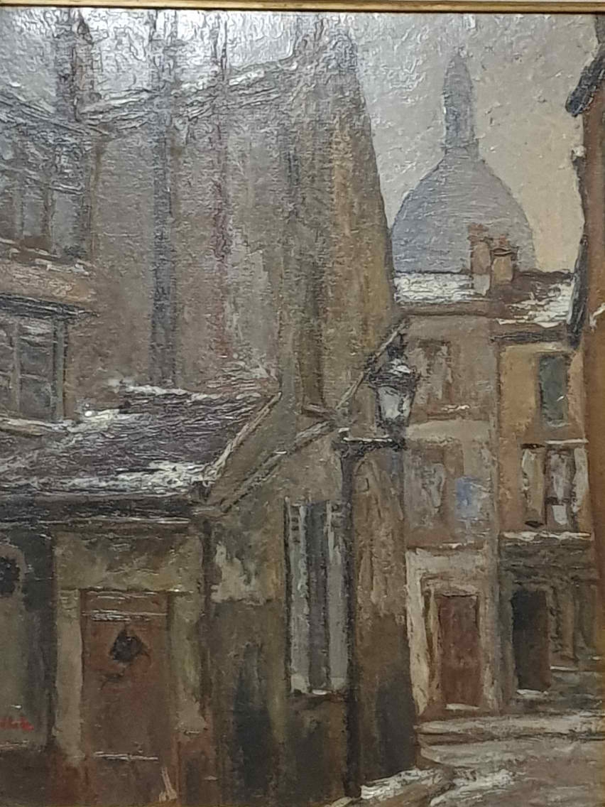 Artwork by Fernand Laval, Coin de la rue Ste Rustique en hiver, Montmartre, Made of Oil on cardboard