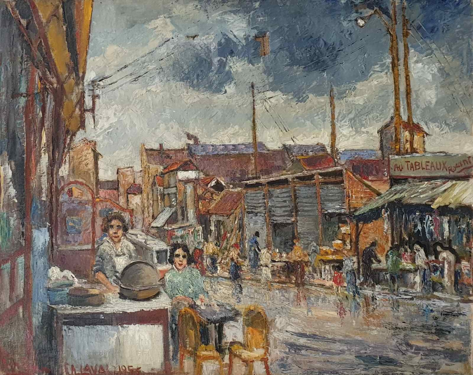 Artwork by Fernand Laval, La marchande de frites avec France aux Puces rue Jules Vallès, Made of Oil on canvas