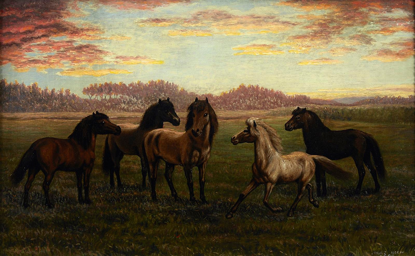 Artwork by Julius Holm, "HORSES IN PASTURE", Made of Oil on canvas