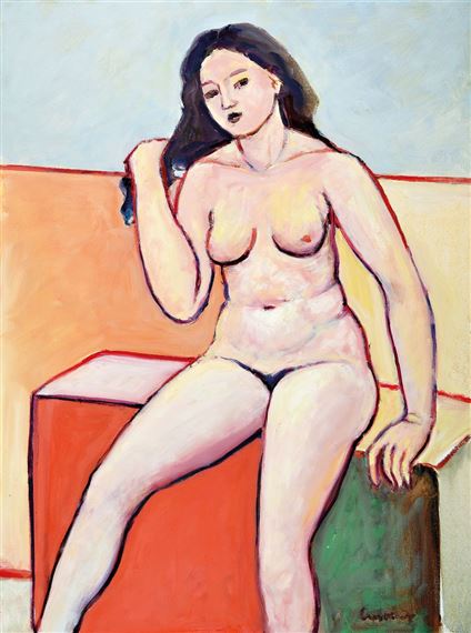 Sitting female nude by Franz Leschinger