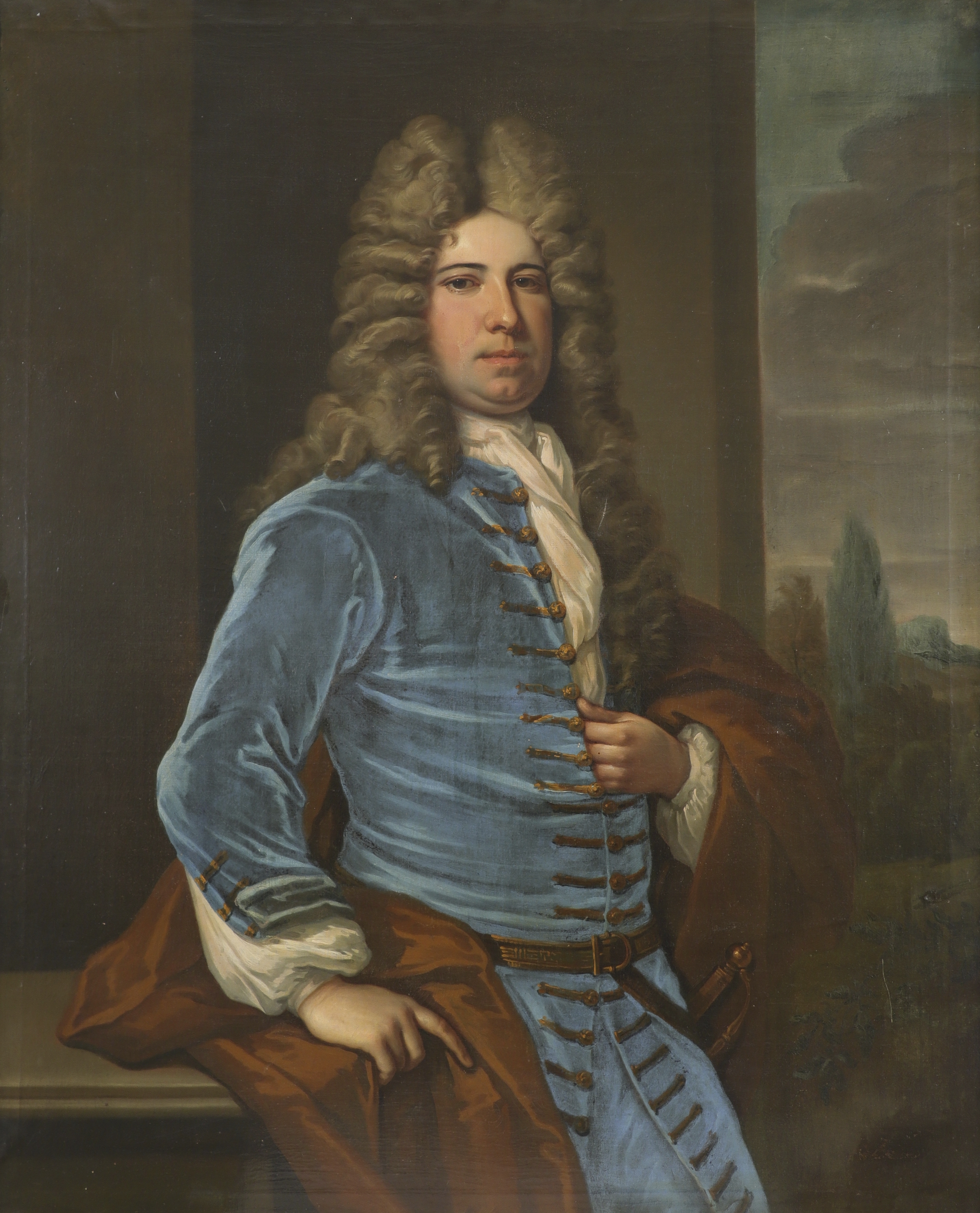 Artwork by John Closterman, Portrait of a gentleman, three-quarter-length, in blue velvet coat and ochre wrap, Made of Oil on canvas