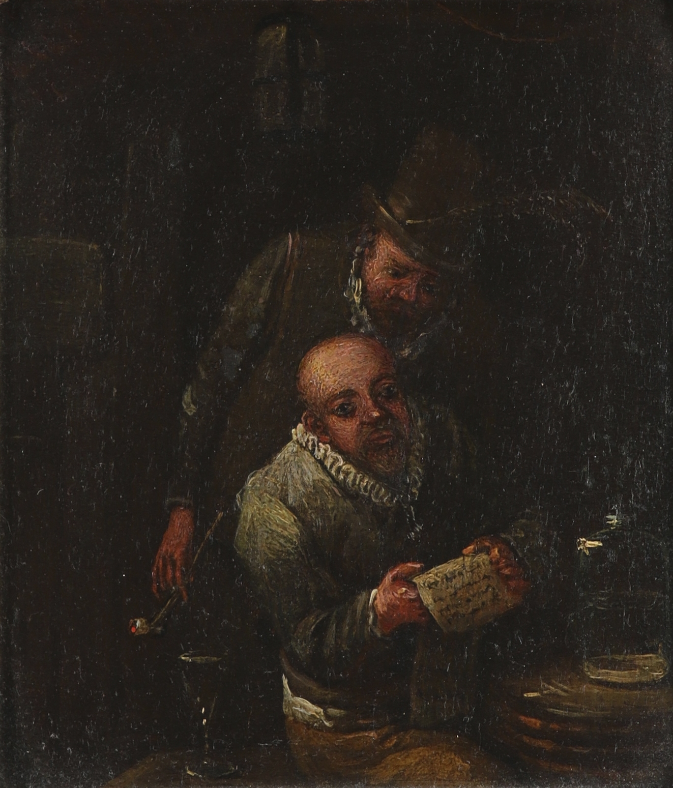 A drinker and a smoker reading a letter in a tavern by Adriaen Brouwer