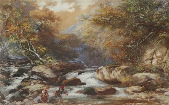 George Childs | Three children playing with a dog by some rapids ...