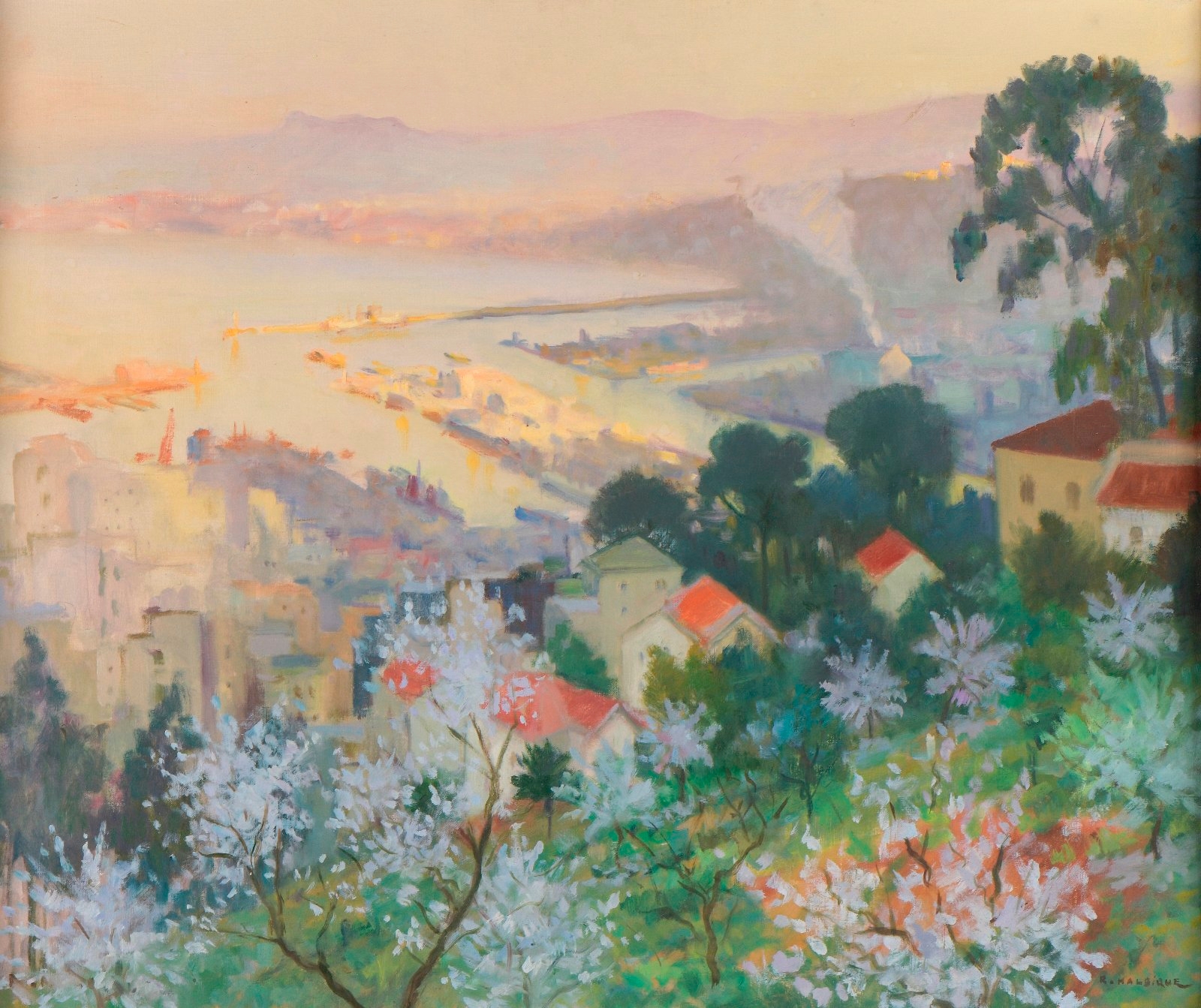 Artwork by Roger-Charles Halbique, Le port vu de la colline, Made of oil on canvas