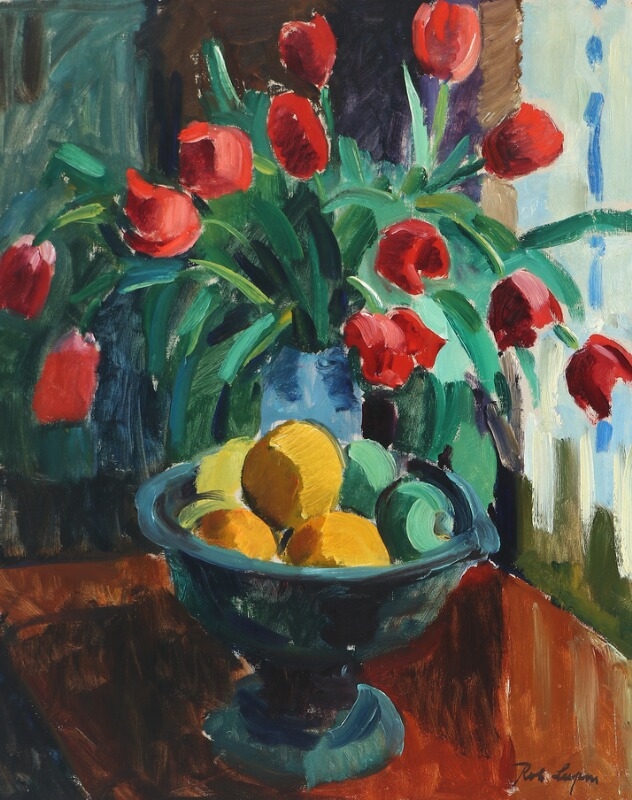 Artwork by Robert Leepin, Still life with tulips and fruits, Made of Oil on canvas