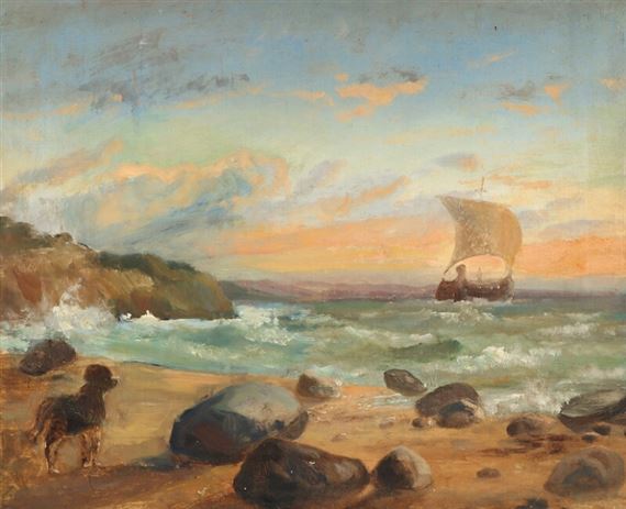 Costal scenery with a dog looking towards the sea by Niels Anker Lund