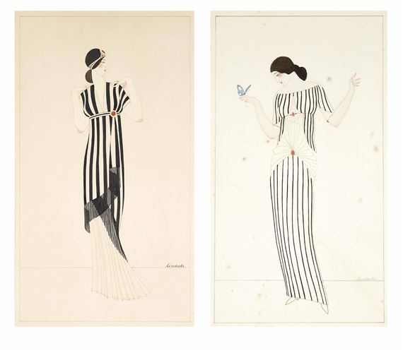 Zwei Kostümstudien zur Wiener Mode für die Wiener Werkstätte?: a) Dame, stehend in Schwarz-Weiß, b) Dame, stehend mit Schmetterling by Otto Lendecke