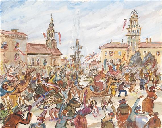 Salzburg - Faschingsumzug am Residenzplatz mit Glockenspiel und Michaelskirche by Oskar Laske