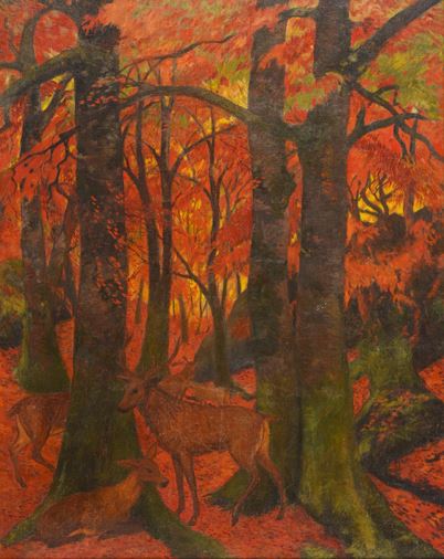 "Sous-bois rouge aux cerfs" by Georges Lacombe