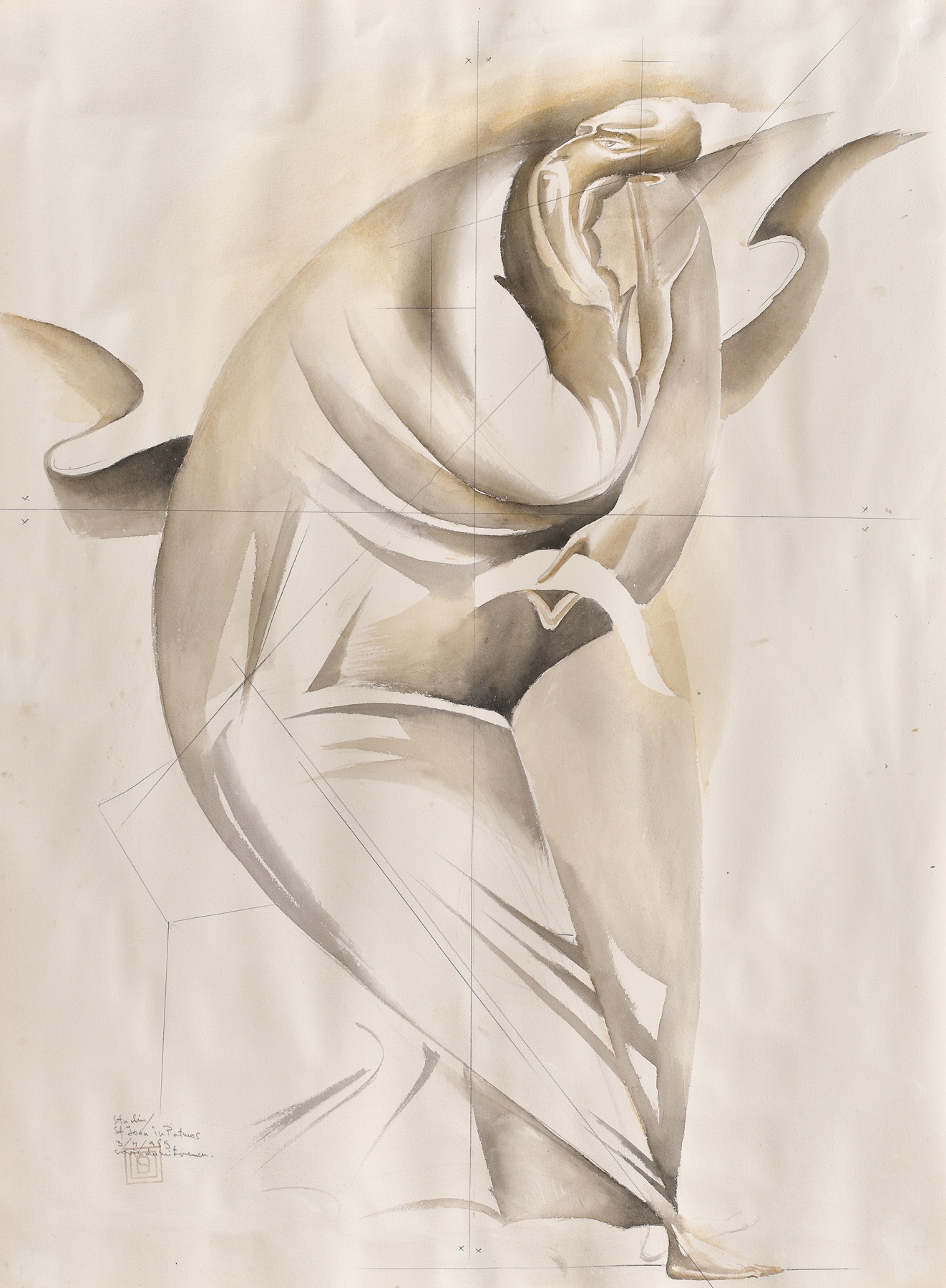 Artwork by Sorin Dumitrescu, Studiu pentru Sf. Ioan în Patmos, Made of watercolor and pencil on paper pasted on cardboard