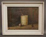 A still life painting of a cylindrical container on a wooden surface.