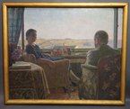 A painting of two figures seated by a window overlooking a distant landscape.