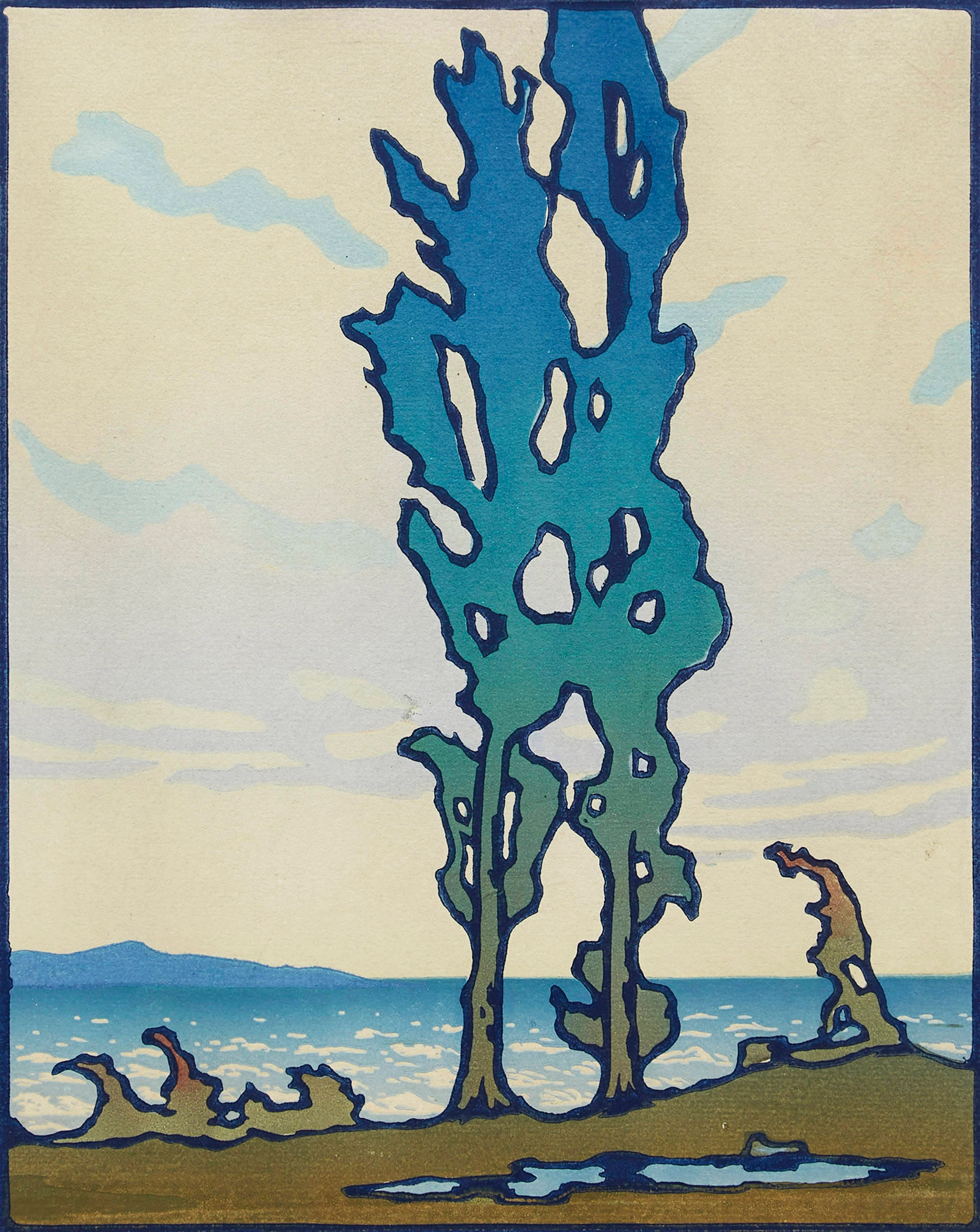 Artwork by Leonard Hutchinson, Van Wagner’s Beach, Made of colour woodcut