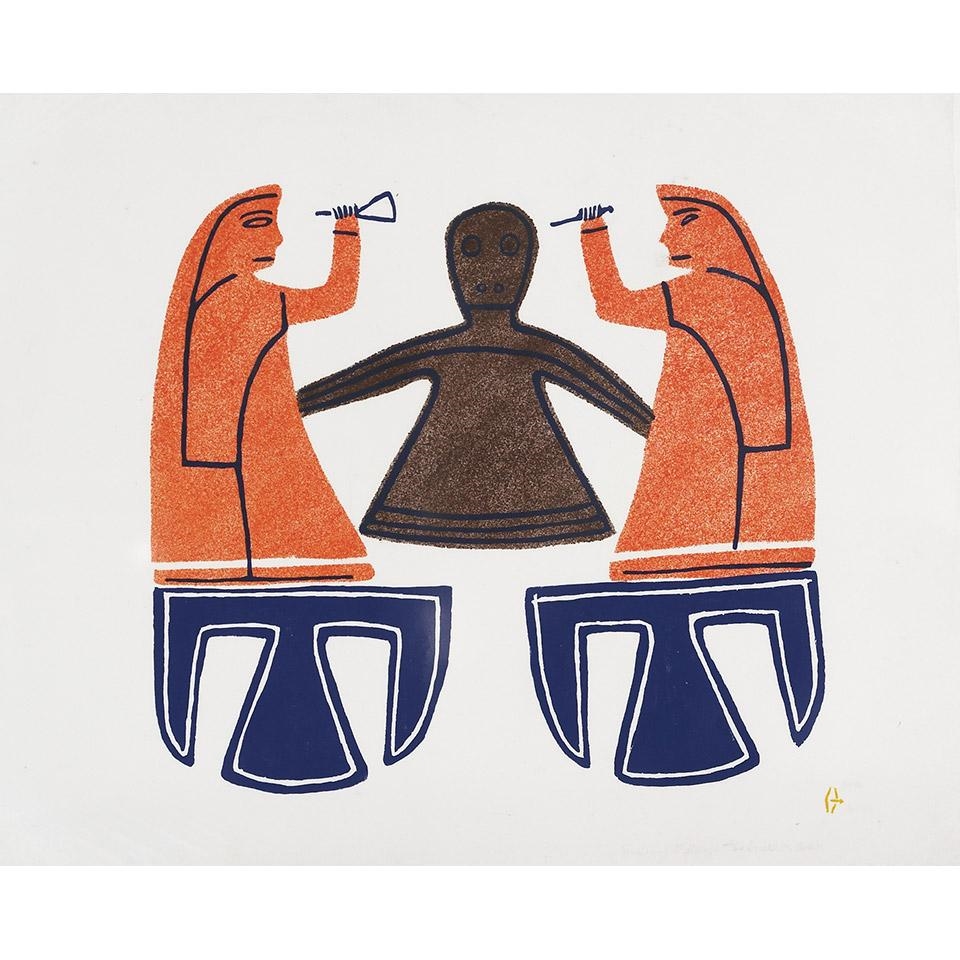 Artwork by Jessie Oonark, TERRIFYING CHALLENGE, Made of Stonecut & Stencil