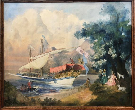 Idyllic View with Royal Barge and Shepherdesses with other Figures - Michel Pellaton