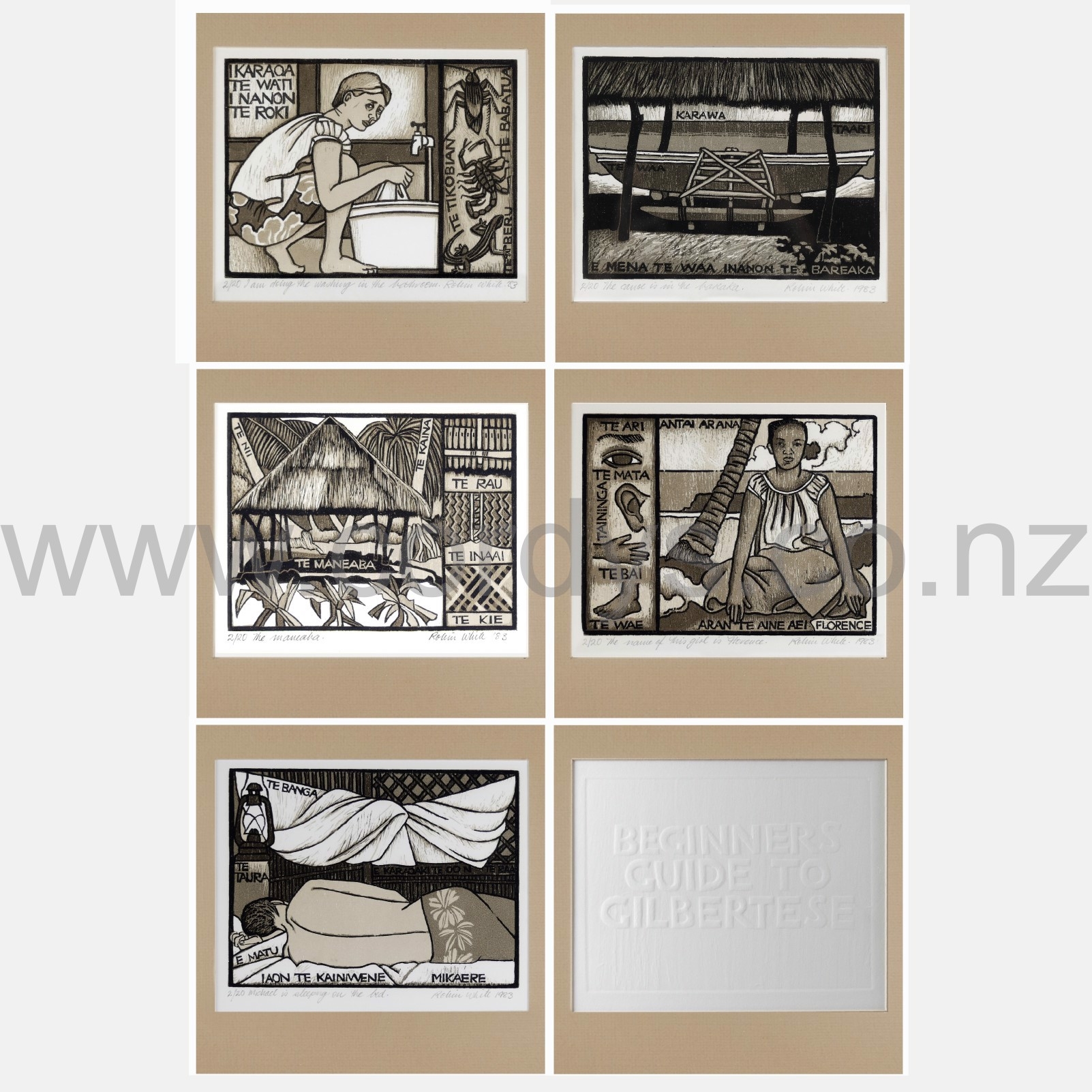 Artwork by Robin White, Beginner's Guide to Gilbertese, Made of woodblock prints plus cover sheet print