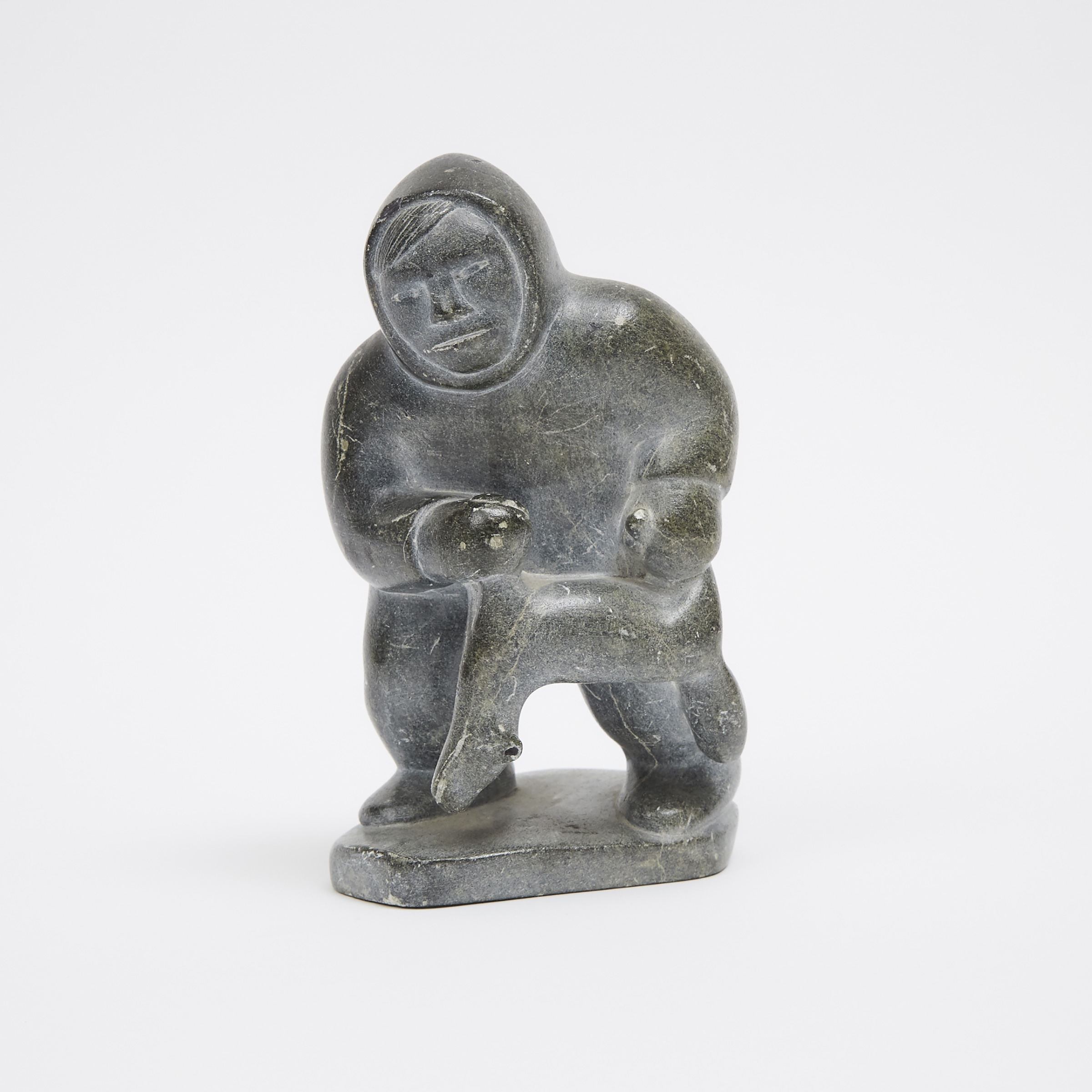 Artwork by Maggie Sheeguapik, HUNTER WITH FOX, Made of stone