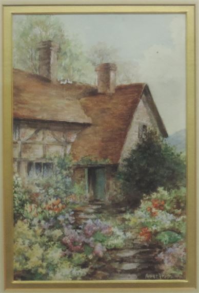 A Pair: Attractive Cottage Scenes with colourful gardens in foreground by Annie L. Pressland