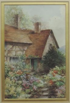 A Pair: Attractive Cottage Scenes with colourful gardens in foreground - Annie L. Pressland