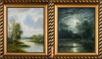 Two works: Schilf- und birkenbestandener Flusslauf; Mondbeschienene Seelandschaft, im Hintergrund eine einsame Hütte - Martin Peter Georg Feddersen