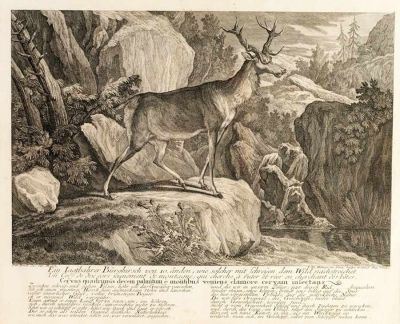 Ein Iagtbahrer Bürghirsch von 10. änden, wie solcher mit Schreyen, dem Wild nachstreichet by Johann Elias Ridinger, 1736