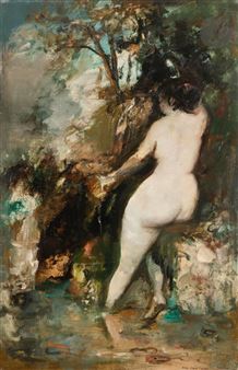 A nude figure stands in a stream, surrounded by trees and rocks.