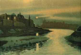 Krakowski nokturn z Klasztorem Norbertanek i widokiem na Wawel w tle - Mieczyslaw Szczerbinski