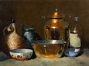 Still Life Copper Glass & Porcelain by Hennie Griesel, 1981