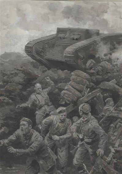 GERMANS FLEEING ON THE TANK by Ugo Matania, 1916