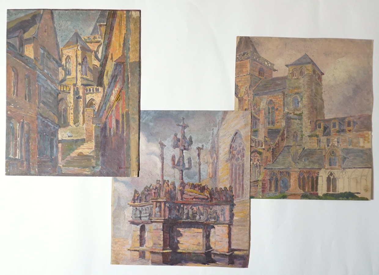 Artwork by Mary Antoinette Amennecier, Three Works: Le calvaire"; "Façade d'église"; "Ruelle menant à l'église", Made of oils on paper