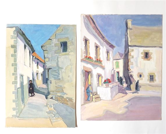 Two Works: "Bretonne sur le perron"; "Place animée" by Mary Antoinette Amennecier