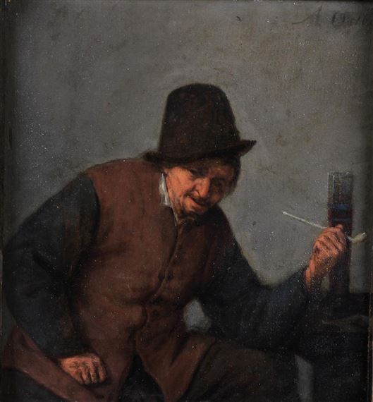 Portrait of an elderly man, three-quarter length, sitting smoking a clay pipe by Isack van Ostade