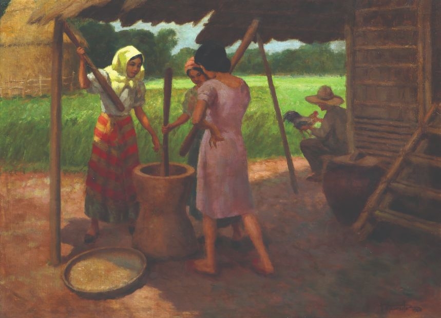 Artwork by Fernando Amorsolo, Rice Pounding, Made of oil on canvas