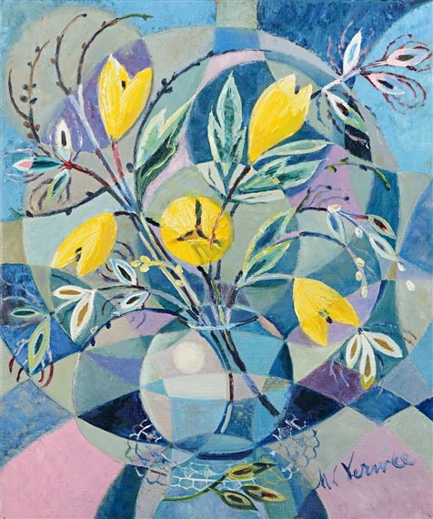 Vase de fleurs jaunes sur fond bleu - Marie Louise Verwee Eichenberger
