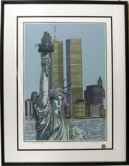 A framed graphic print featuring a stylized Statue of Liberty with the Twin Towers in the background.