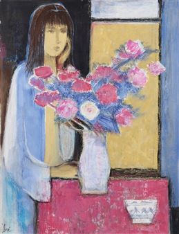 Woman in Blue with Flowers - José Canes