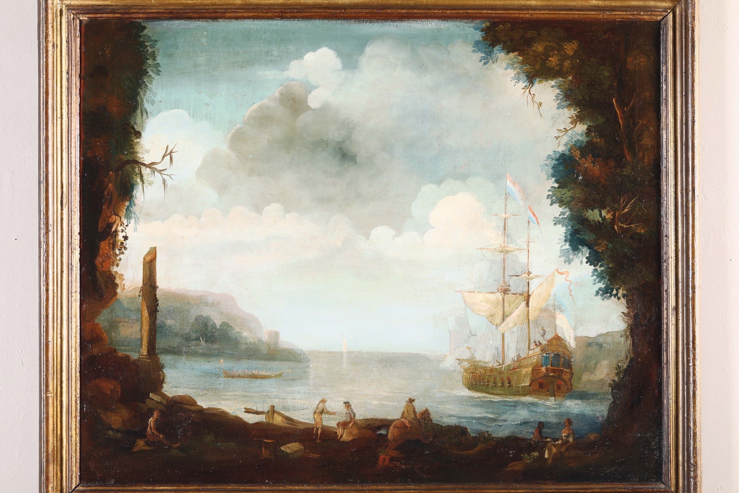 Artwork by Roman School, 19th Century, Veduta costiera con rovine, figure e imbarcazioni, Made of oil on canvas