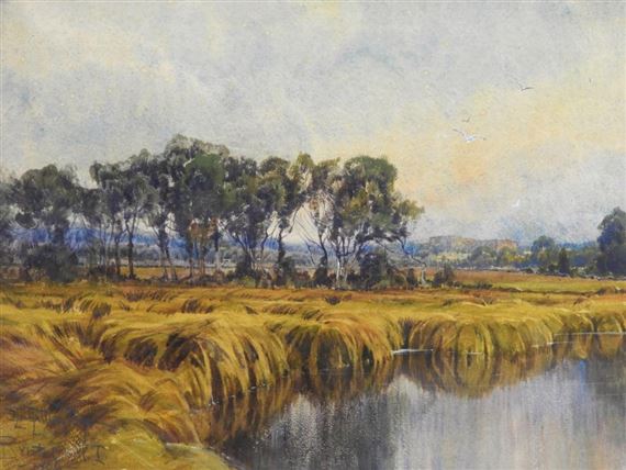 River bank surrounded by trees on a cloudy day in Bristol, Rhode Island by Hezekiah Anthony Dyer, 1906