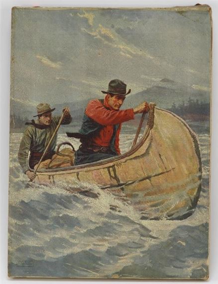 Two young men with wide brim hats crossing a raging river by A. Hutchins