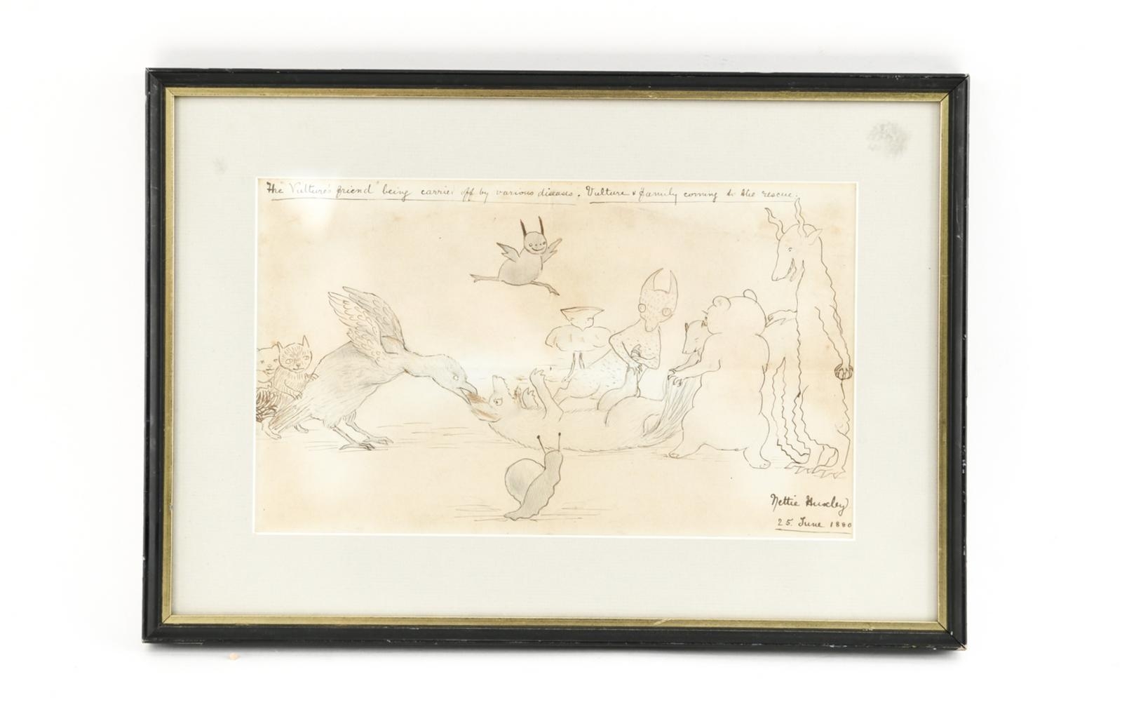Artwork by Nettie Huxley, The vultures friend, Made of anthropomorphic drawing in pencil and sepia with sketch on back