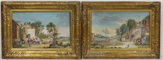 Two works: Ruziënde boeren bij een herberg; Dorpsscène met figuren bij een herberg by German School, 18th Century