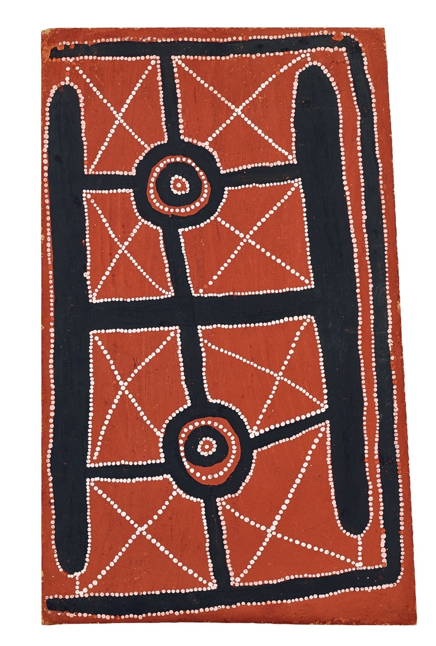 Artwork by Charlie Ward Tjakamarra, STORY OF TWO OLD MEN, Made of synthetic polymer powder paint and PVA on composition board