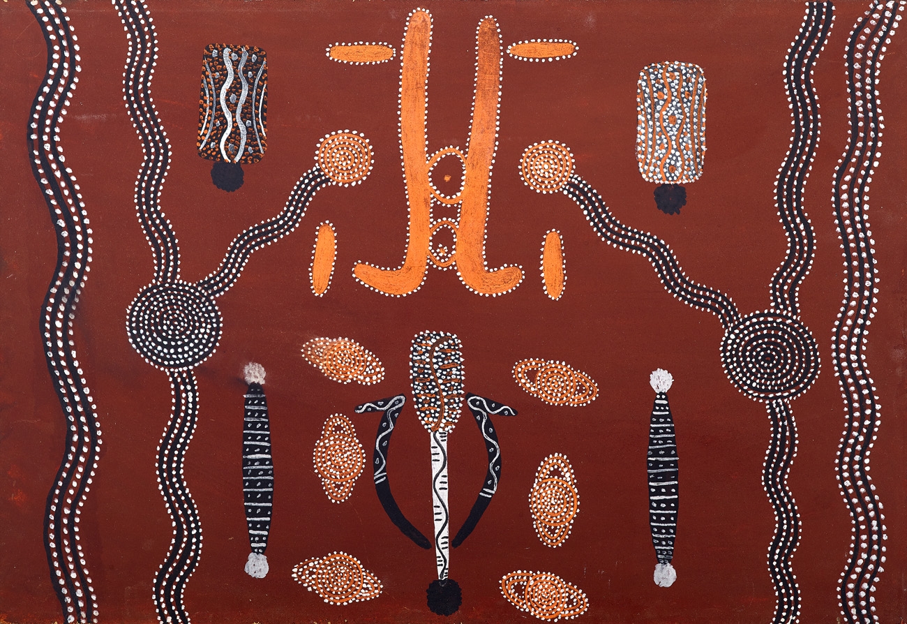 Artwork by Tim Leura Tjapaltjarri, POSSUM CEREMONY NEAR NAPPERBY, Made of synthetic polymer powder paint on board