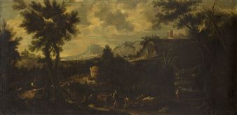Paisaje with figures on a road, bridge architectures background and the background - Italo-Dutch School, 18th Century