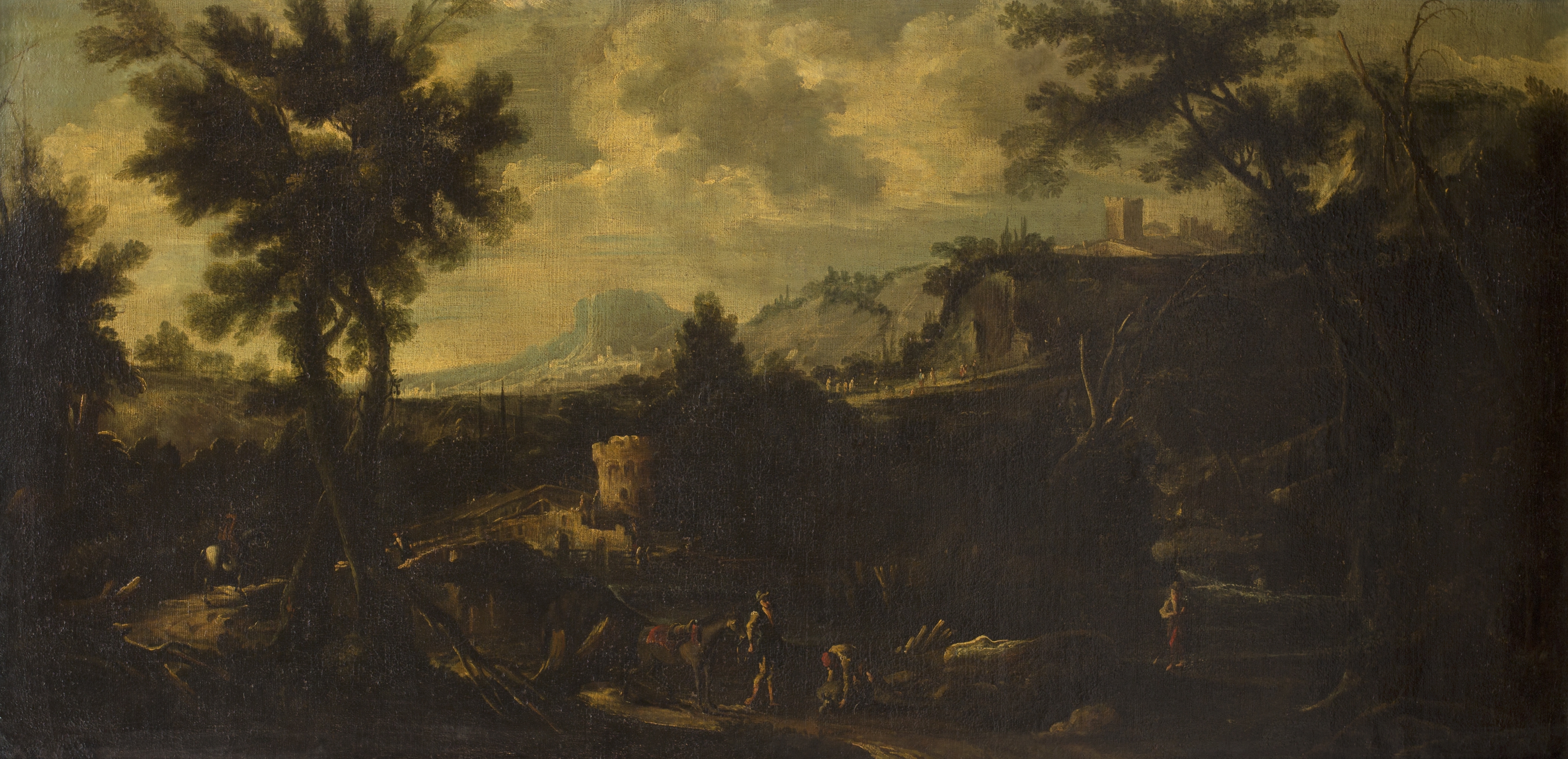 Artwork by Italo-Dutch School, 18th Century, Paisaje with figures on a road, bridge architectures background and the background, Made of Oil on canvas