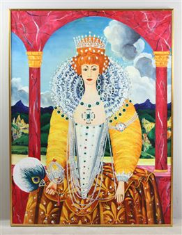 A regal portrait of a crowned figure in ornate yellow and white attire, framed by red pillars and a blue sky.