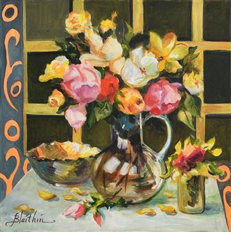 A vibrant still life painting of a colorful bouquet in a glass pitcher, accompanied by a bowl and scattered petals.